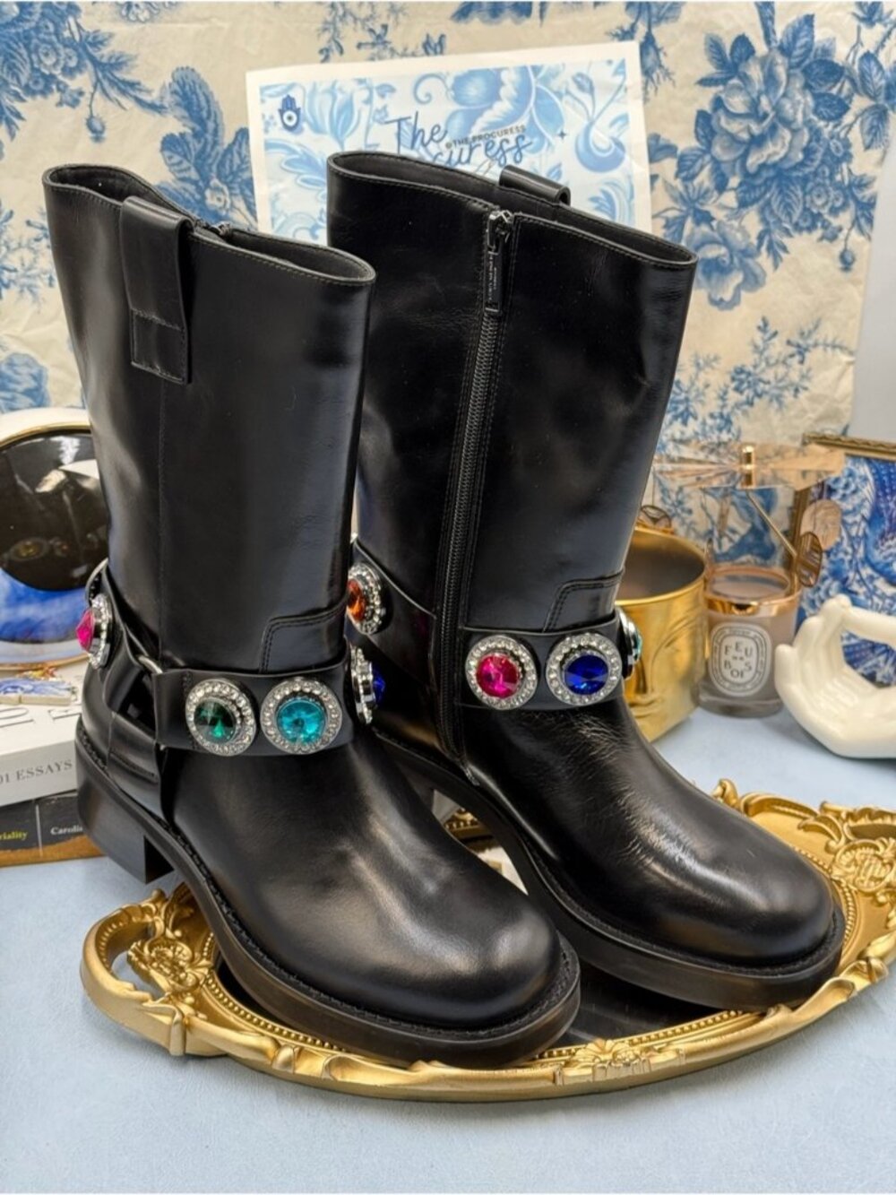 🆕 KURT GEIGER LONDON 🧿 NWOB Octavia Crystal-Embellished Biker Boots Sz 37 US 7